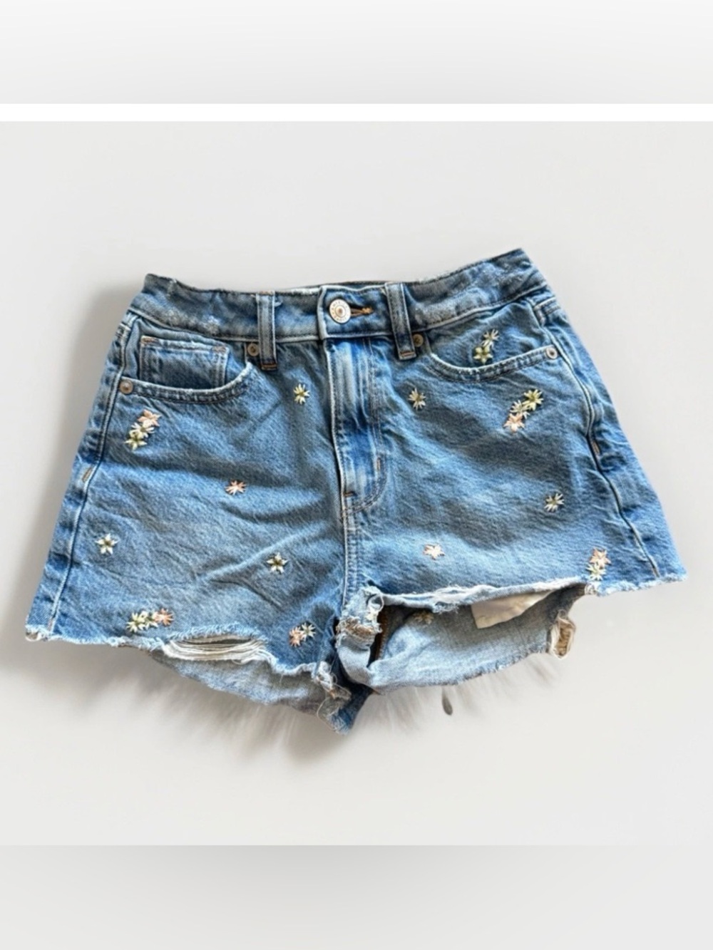 American Eagle Mom Short Womens 000 Blue Floral Mid Rise Distressed